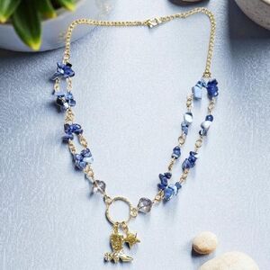 Cowboy boot and seldolite stone chip necklace in gold tone